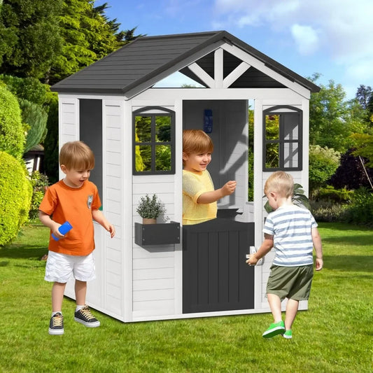 All Spruce Outdoor Kids Playhouse, Toddler Playhouse Wooden Playhouse for Kids Ages 3-10, with Sink, Stove, Flower Pot Holders